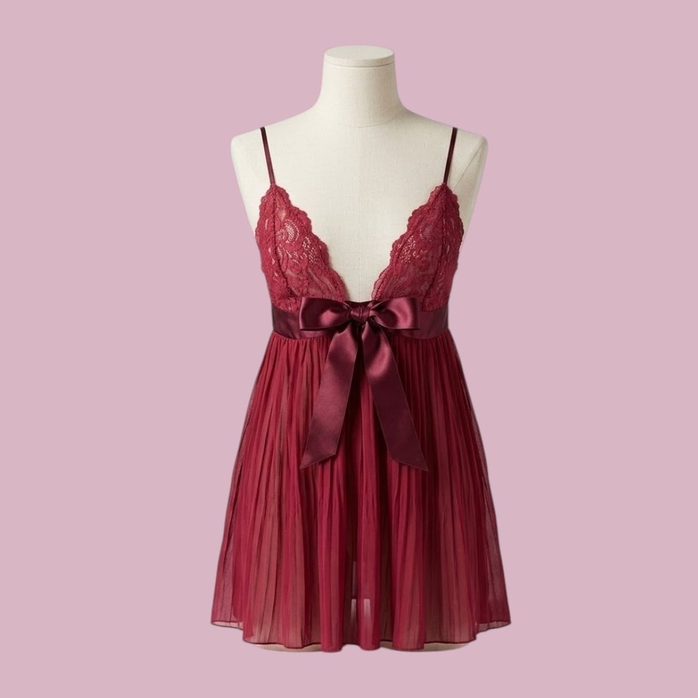 Victorias Secret Burgundy Lace Babydoll Slip Satin Bow Lingerie Medium Wine Red